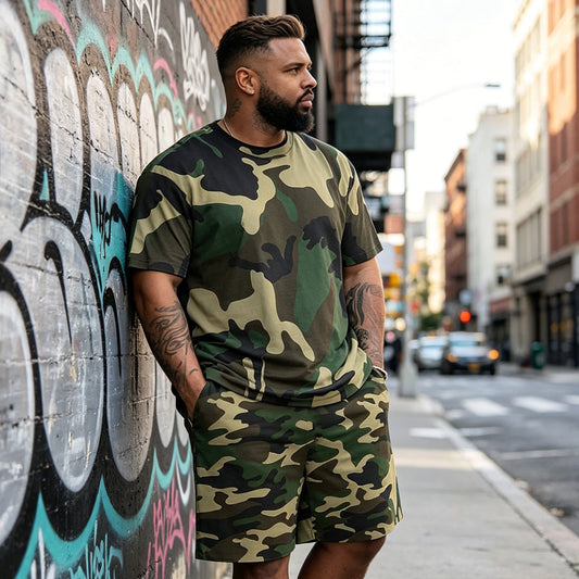 📢📢30% OFF !! ⏰ Men's Camo Print T-Shirt & Shorts Set – Coordinated, Relaxed, Breathable 🌿