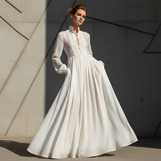 📢📢40% OFF !! ⏰Elegant Pleated White High-Neck Maxi Dress