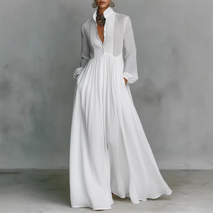 📢📢40% OFF !! ⏰Elegant Pleated White High-Neck Maxi Dress