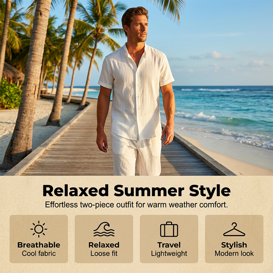 📢📢40% OFF !! ⏰Men's Textured 2-Piece Shirt & Pants Set – Breathable, Stand Collar, Elastic Waist 🌿
