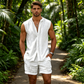 📢📢40% OFF !! ⏰Men's Sleeveless Button-Down Top & Shorts Set – Textured Pattern, Lightweight, Vacation Ready ✨