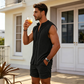📢📢40% OFF !! ⏰Men's Sleeveless Button-Down Top & Shorts Set – Textured Pattern, Lightweight, Vacation Ready ✨