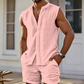 📢📢40% OFF !! ⏰Men's Sleeveless Button-Down Top & Shorts Set – Textured Pattern, Lightweight, Vacation Ready ✨