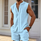 📢📢40% OFF !! ⏰Men's Sleeveless Button-Down Top & Shorts Set – Textured Pattern, Lightweight, Vacation Ready ✨