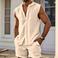 📢📢40% OFF !! ⏰Men's Sleeveless Button-Down Top & Shorts Set – Textured Pattern, Lightweight, Vacation Ready ✨