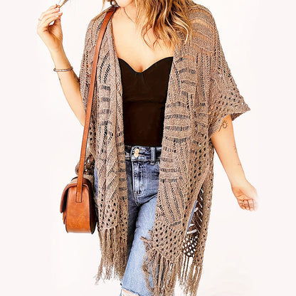 📢📢30% OFF !! ⏰ Women's Open-Front Knit Cover-Up with Tassel Fringe – Bohemian & Lightweight – Beach Essential 🌴