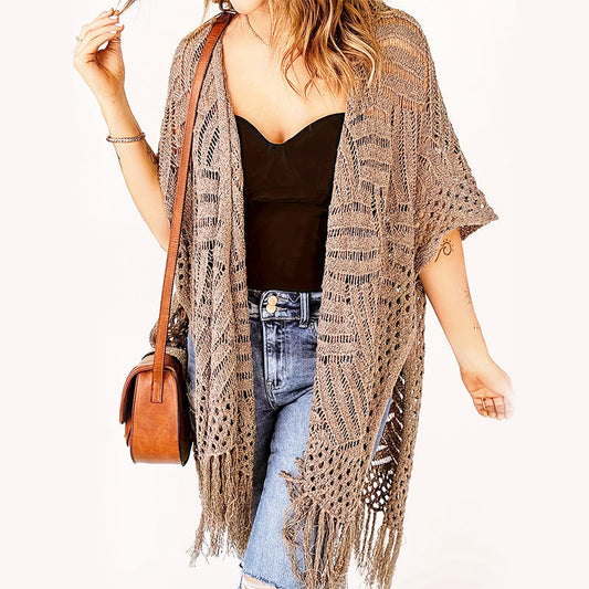 📢📢30% OFF !! ⏰ Women's Open-Front Knit Cover-Up with Tassel Fringe – Bohemian & Lightweight – Beach Essential 🌴