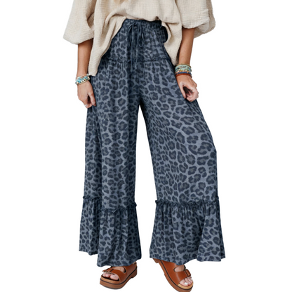📢📢40% OFF !! ⏰Women's Leopard Print Pants – Ruffle Hem, Wide-Leg, Chic 🌿