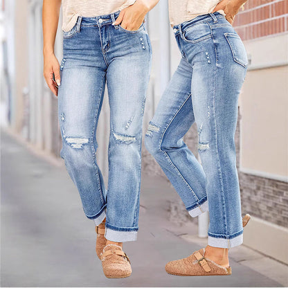 📢📢40% OFF !! ⏰ Women's Ripped Straight-Leg Jeans – High-Waist, Distressed, Stretchy 🆒