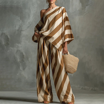📢📢40% OFF !! ⏰Women's Asymmetrical Stripe Top & Wide-Leg Pants Set