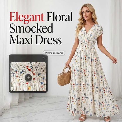 📢📢40% OFF !! ⏰Floral V-Neck Maxi Dress – Elegant Smocked Waist & Premium Fabric – Summer Essential ✨