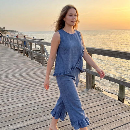 📢📢40% OFF !! ⏰Summer Sleeveless Blouse and Ruffle Hem Pants Set