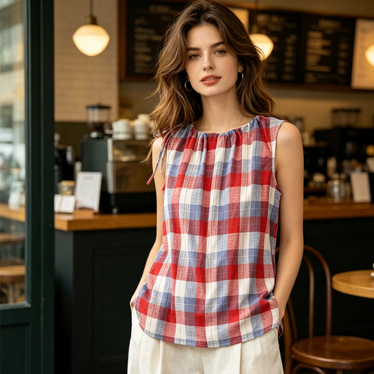 📢📢40% OFF !! ⏰Women's Plaid Tie-Shoulder Sleeveless Top