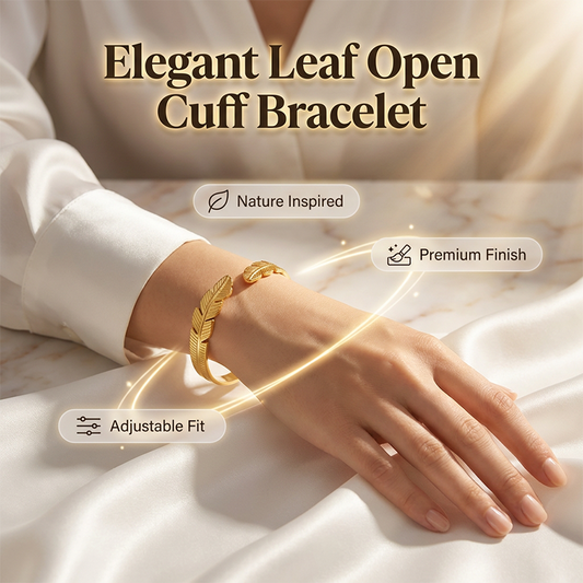 📢📢40% OFF !! ⏰18K Gold Plated Leaf Open Cuff Bracelet | Adjustable Stainless Steel Nature Bangle for Women