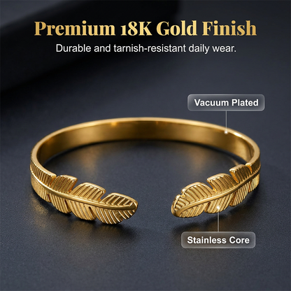 📢📢40% OFF !! ⏰18K Gold Plated Leaf Open Cuff Bracelet | Adjustable Stainless Steel Nature Bangle for Women