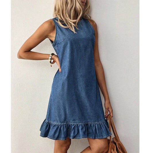 📢📢40% OFF !! ⏰Women's Sleeveless Denim Ruffle Hem Dress