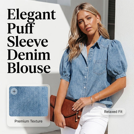 📢📢40% OFF !! ⏰Women's Puff Sleeve Denim Blouse – Button-Down, Lapel Collar, Lightweight 🌟