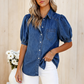 📢📢40% OFF !! ⏰Women's Puff Sleeve Denim Blouse – Button-Down, Lapel Collar, Lightweight 🌟