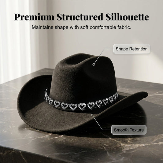 📢📢50% OFF !! ⏰Women's Rhinestone Heart Cowboy Hat Elegant French Jazz Fedora