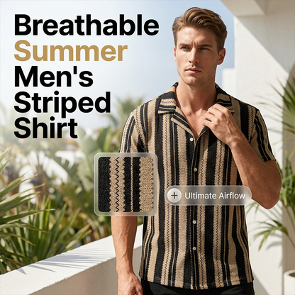 📢📢40% OFF !! ⏰Men's Breathable Vertical Stripe Short Sleeve – Wavy Texture, Cuban Collar, Relaxed Fit ✨