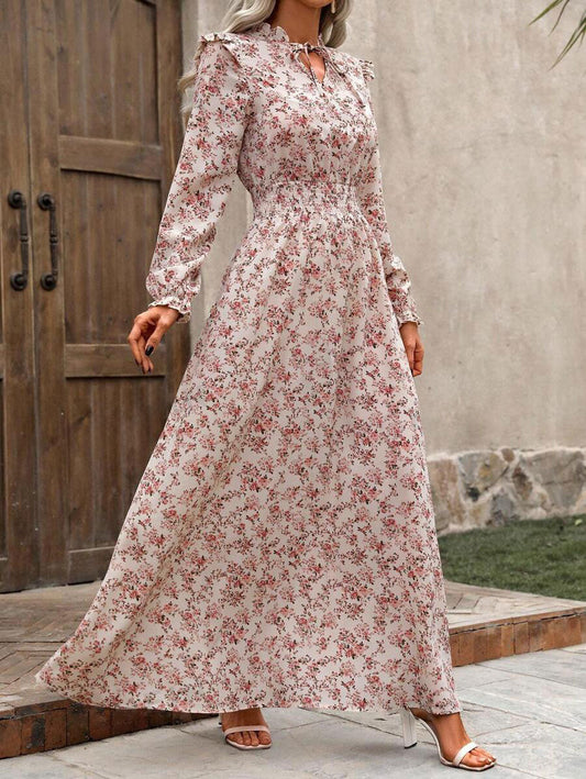 📢📢40% OFF !! ⏰LUNE Ladies' Vacation Style Ditsy Floral Print Waist-Cinching Maxi Dress