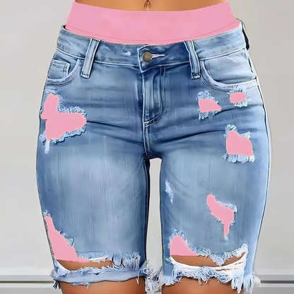 📢📢40% OFF !! ⏰Women’s Distressed Denim Shorts with Colorful Leggings Set