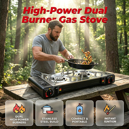 📢📢30% OFF !! ⏰ Portable Dual Burner Butane Stove – Lightweight & piezo ignition – Perfect for camping, tailgating or outdoor cooking – compact and easy to carry ⛺✨