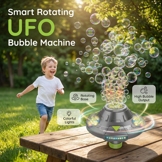 📢📢40% OFF !! ⏰ Smart Rotating UFO Bubble Machine – 360° Rotation, RGB Lights, Obstacle Avoidance ✨