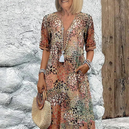 📢📢40% OFF !! ⏰Women's Vivid Printed V-Neck Midi Dress