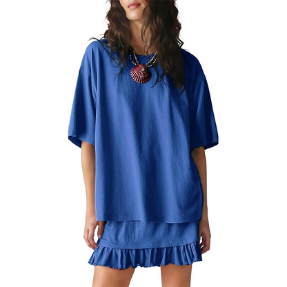📢📢40% OFF !! ⏰Women's Oversized T-Shirt & Ruffle Skirt 2-Piece Set 🌸 | Breathable Summer Lounge Outfit ☀️ | Soft Fabric, Relaxed Fit 💕 | S-2XL