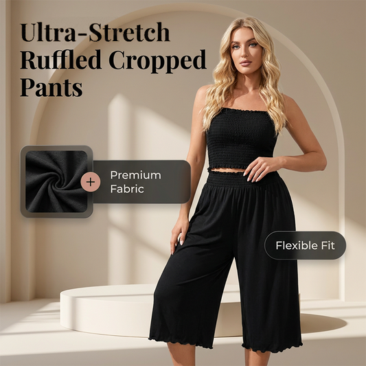 Women's High-Stretch Ruffled Wide-Leg Cropped Pants