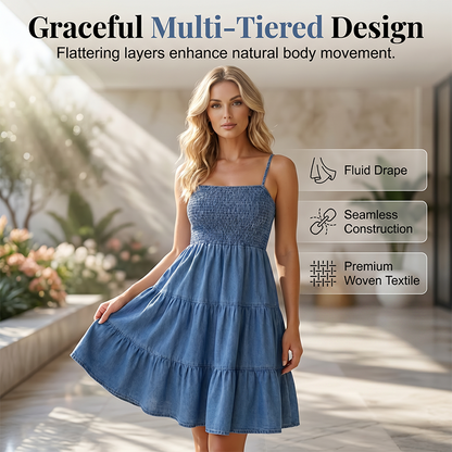 📢📢30% OFF !!  & Free Shipping⏰Breezy Summer Denim Sundress | Smocked Bodice & Flowing Tiered Skirt | Soft Breathable Sleeveless Dress for Women