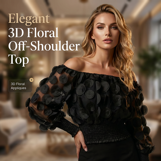📢📢40% OFF !! ⏰Off-Shoulder Fitted Top – 3D Floral Appliqués, Smocked Waist, Balloon Sleeves 🌸
