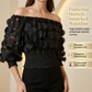📢📢40% OFF !! ⏰Off-Shoulder Fitted Top – 3D Floral Appliqués, Smocked Waist, Balloon Sleeves 🌸