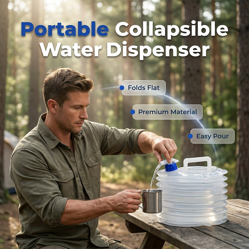 Portable collapsible water dispenser at a campsite