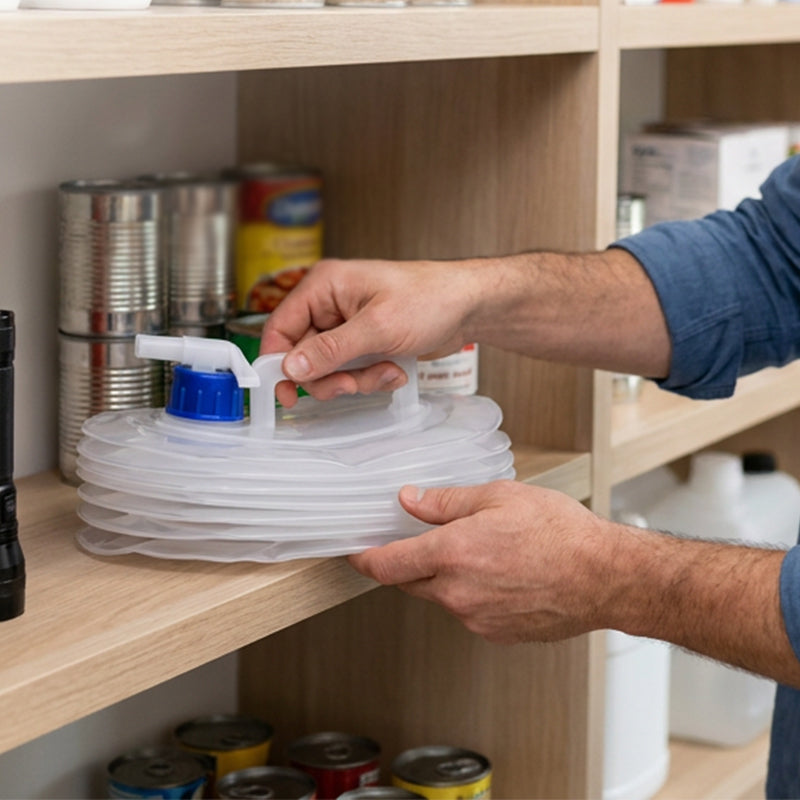Collapsed water container stored on emergency pantry shelf