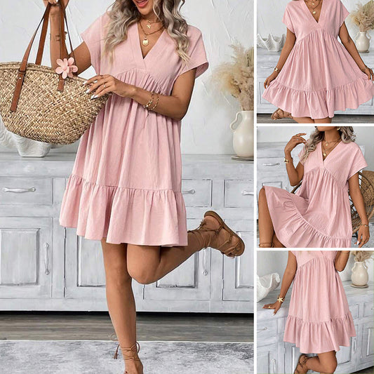 📢📢40% OFF !! ⏰Women's V-Neck Loose-Fit Dress with Ruffle Hem 👗 Flattering V-Neck, Playful Ruffles  ✨