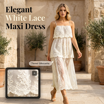 📢📢40% OFF !! ⏰Women Elegant White Lace Spaghetti Strap Maxi Dress