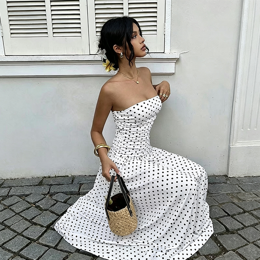 📢📢40% OFF !! ⏰ WOMEN'S OFF-SHOULDER POLKA DOT DRESS — Flattering Ruched Waist & Flowing A-Line Evening Wear ✨