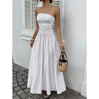 📢📢40% OFF !! ⏰ WOMEN'S OFF-SHOULDER POLKA DOT DRESS — Flattering Ruched Waist & Flowing A-Line Evening Wear ✨
