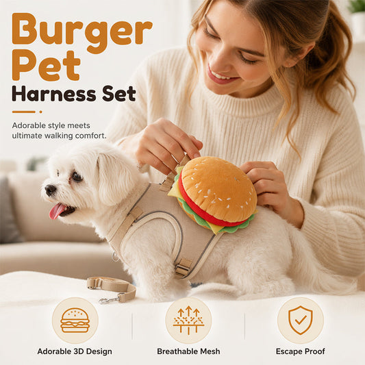 📢📢40% OFF !! ⏰Offer your furry friend a comfortable travel experience!🦮Cute Hamburger Pet Harness and Leash Set with Mini Backpack🍔🦮