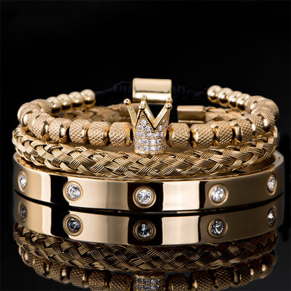 👑 50% OFF! ✨ Men's Stainless Steel Crown Bracelet 3-Piece Set – Hand-Set AAA Zircons, PVD Electroplating & Adjustable 17-21cm Fit – Urban Luxury for Suits & Street Style 💎