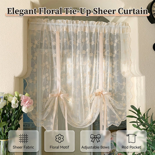 Embroidered Floral Tie-Up Sheer Curtain