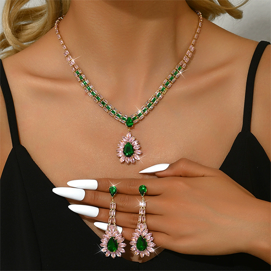 🎉 2026 Sale — Over 22,000 Sold! 💎 Zircon Jewelry Set – Pink & Green Necklace & Drop Earrings – Complete Your Party Look! ✨