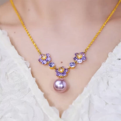 Elegant Purple Zircon Flower Pendant Necklace