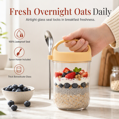 📢📢40% OFF !! ⏰Portable Glass Overnight Oats Jar with Spoon and Leakproof Lid Yogurt Container for Office Workers