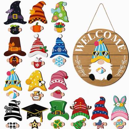 Interchangeable Wooden Gnome Welcome Sign Holiday Hanging Plaque for Christmas and Halloween Wall Decor