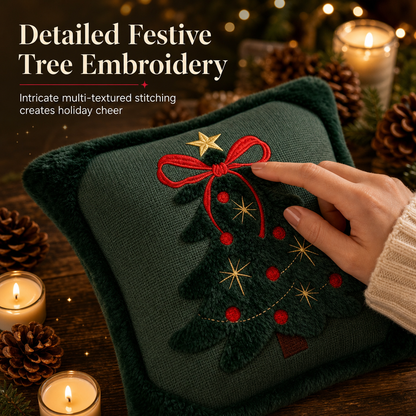 📢📢BUY 2 GET 1 FREE !! ⏰ Embroidered Christmas Tree Throw Pillow Cover with Bow 45x45cm Decorative Cushion Cover for Living Room Sofa 🧸