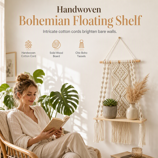 📢📢40% OFF !! ⏰Bohemian Hand Woven Macrame Wall Hanging Floating Shelf for Books and Plants Living Room Decor
