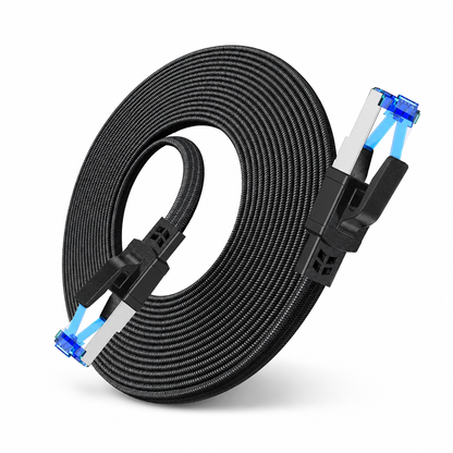 Cat8 Flat Ethernet Cable 40Gbps Shielded Black Braided Network Cord with Oxygen-Free Copper and Blue Connectors
